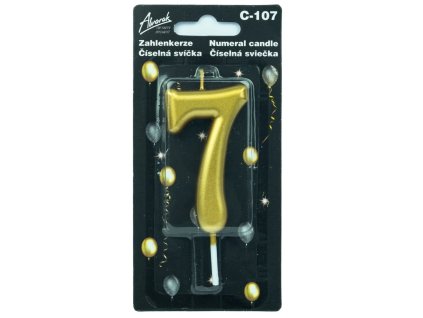 Narozeninová metalická zlatá dortová svíčka – číslo 7