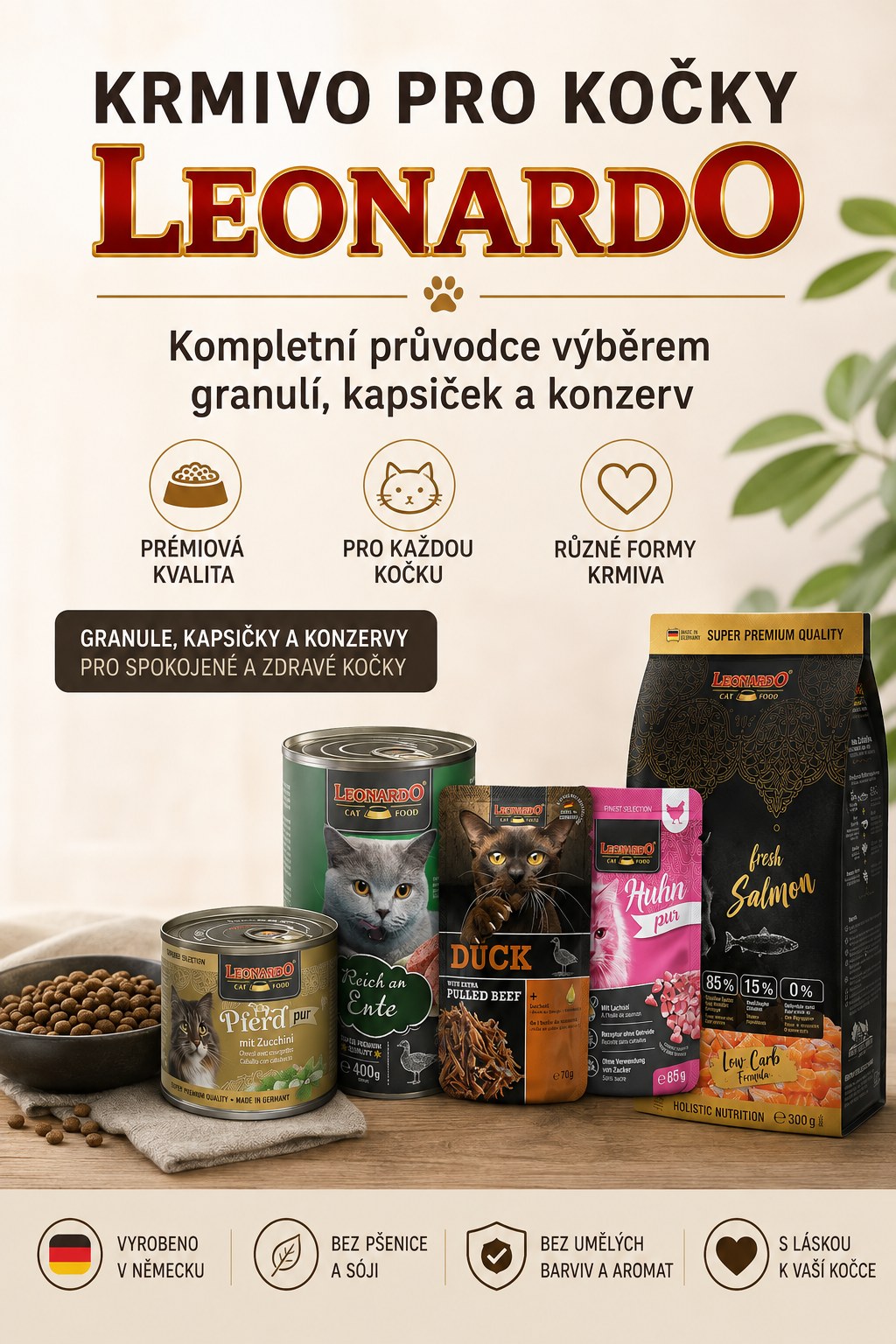 Krmivo pro kočky LEONARDO: Kompletní průvodce výběrem granulí, kapsiček a konzerv.