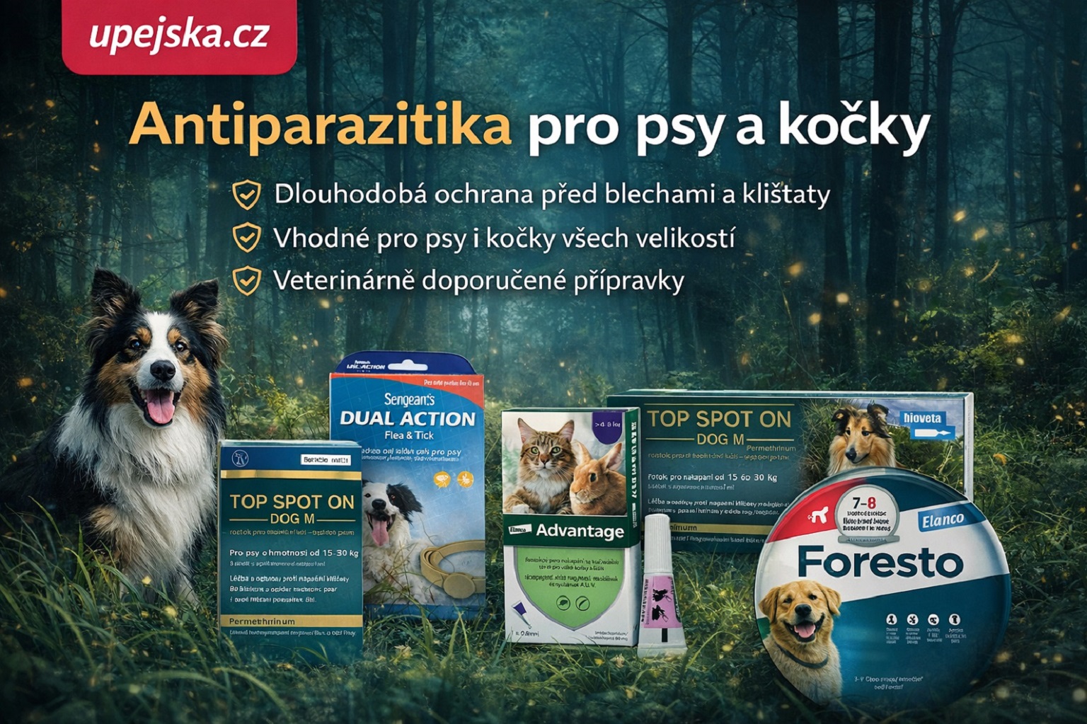 Antiparazitika pro psy a kočky – obojky a pipety proti klíšťatům a blechám Foresto, Advantage, Sergeant's a Bioveta na UPejska.cz