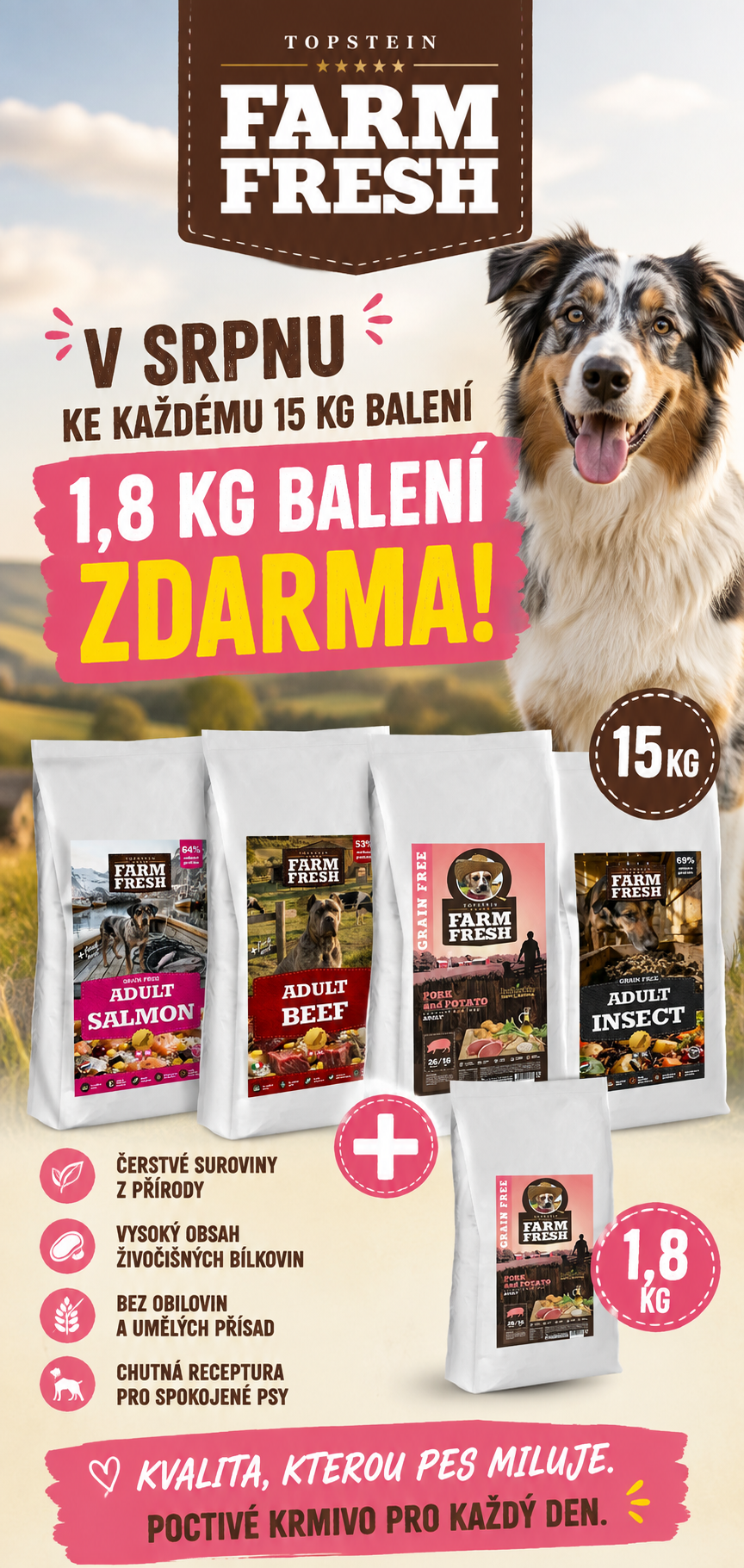 Farm Fresh granule pro psy – v srpnu 1,8 kg krmiva ZDARMA k 15kg balení