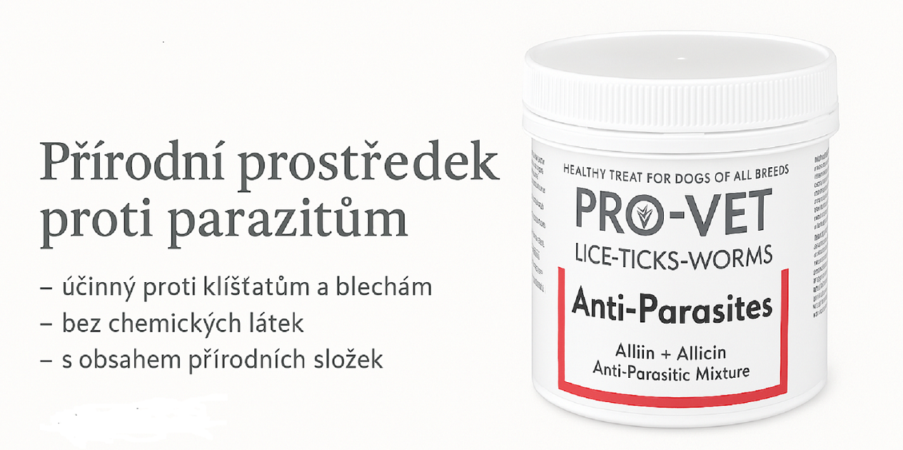 Banner s přírodním prostředkem proti parazitům PRO-VET Anti-Parasites pro psy – účinný proti klíšťatům a blechám, bez chemických látek, s obsahem přírodních složek. Novinka na trhu. E-shop upejska.cz.