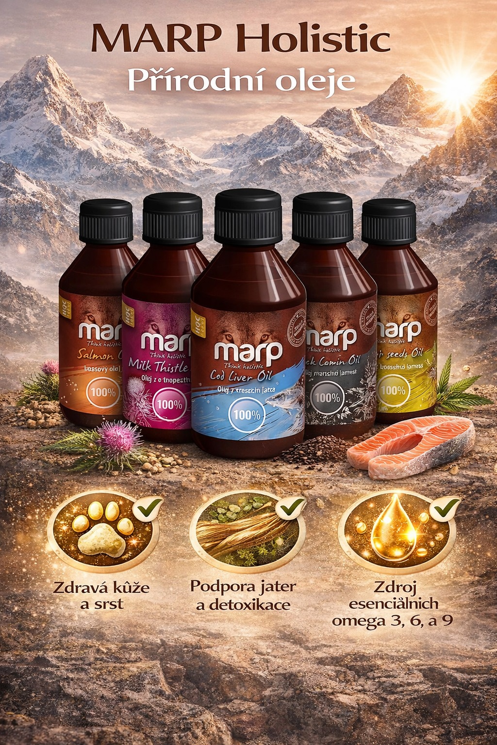 MARP Holistic přírodní oleje pro psy – lososový, konopný, ostropestřecový, tresčí