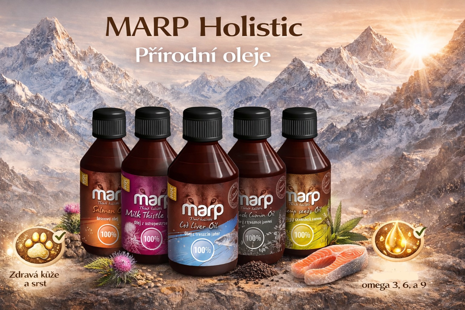 MARP Holistic přírodní oleje pro psy – lososový, konopný, ostropestřecový, tresčí