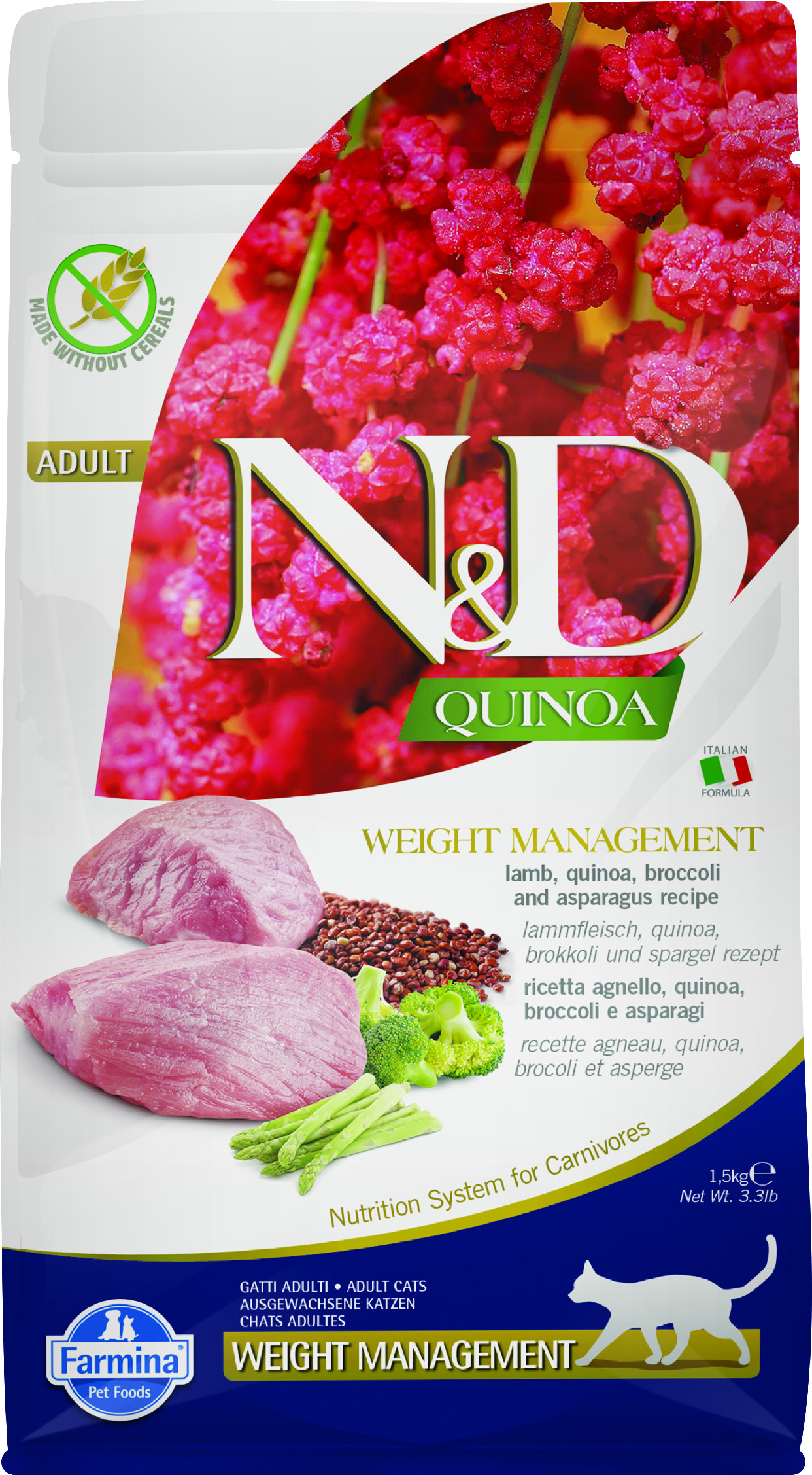 N&D GF Quinoa CAT Weight Mngmnt Lamb & Broccoli 1,5 kg