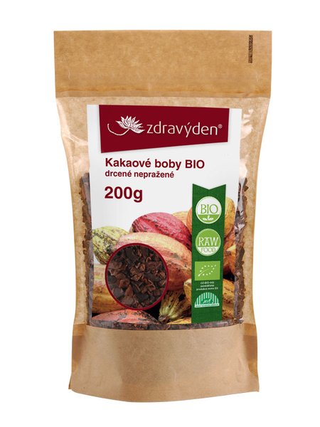 Zdravý den Kakaové boby BIO drcené nepražené Hmotnost: 200g