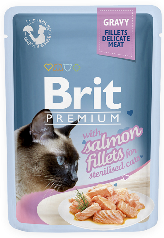 BRIT Premium Cat Pouch with Salmon Fillets in Gravy for Sterilised Cats 85g