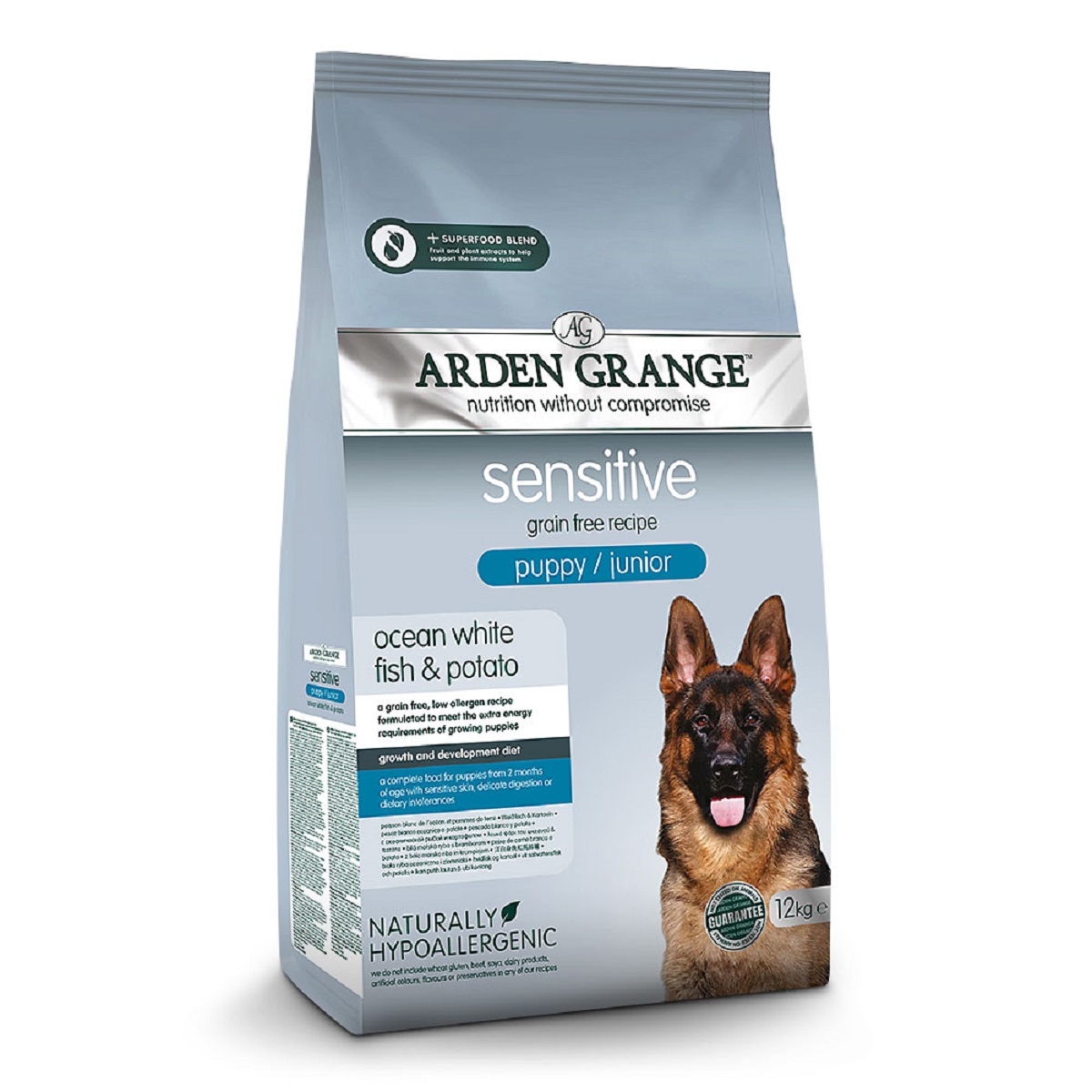 ARDEN GRANGE Sensitive Grain Free Puppy/Junior Ocean White Fish & Potato 12 kg