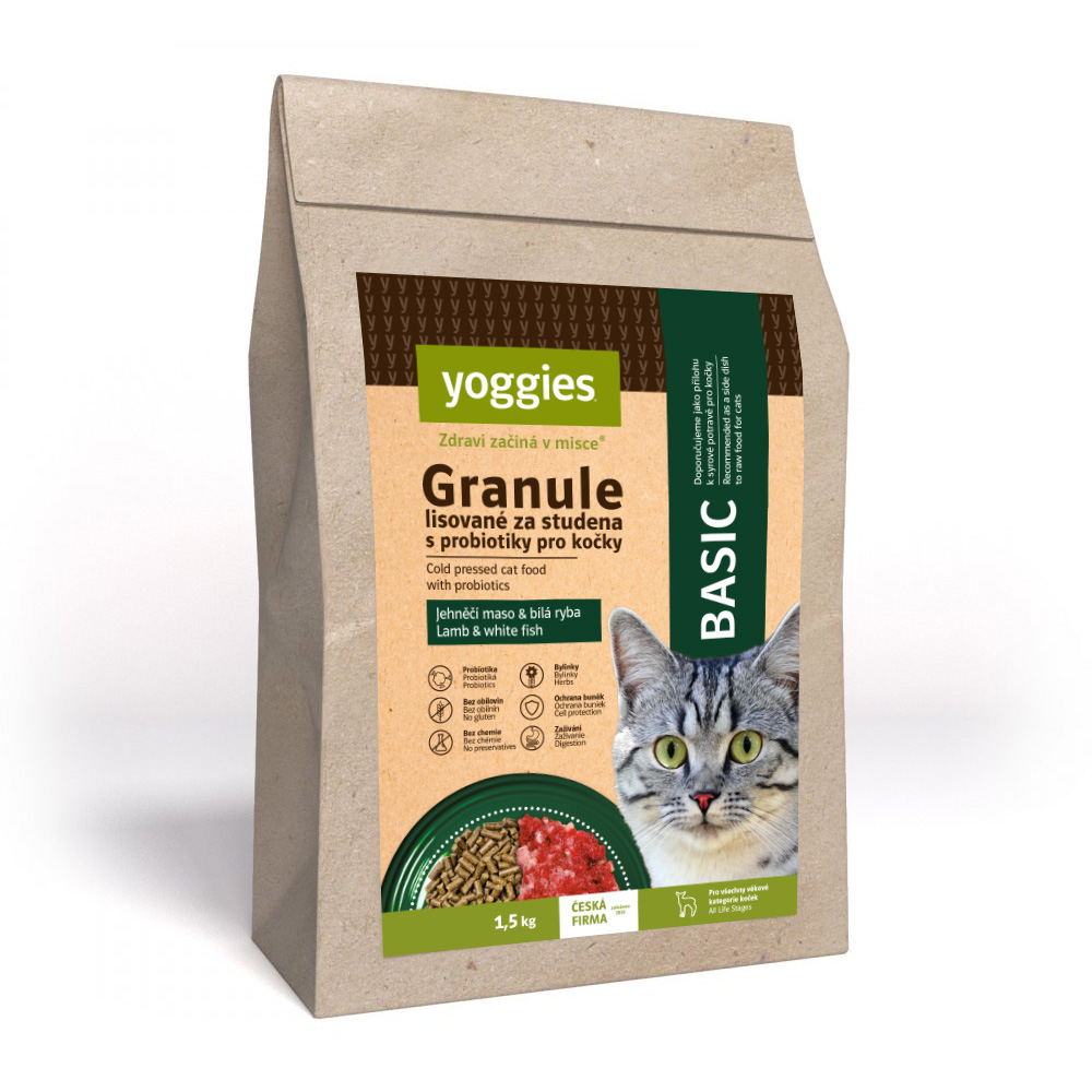 YOGGIES Cat "Basic" granule pro kočky, lisované za studena s probiotiky 1,5 kg