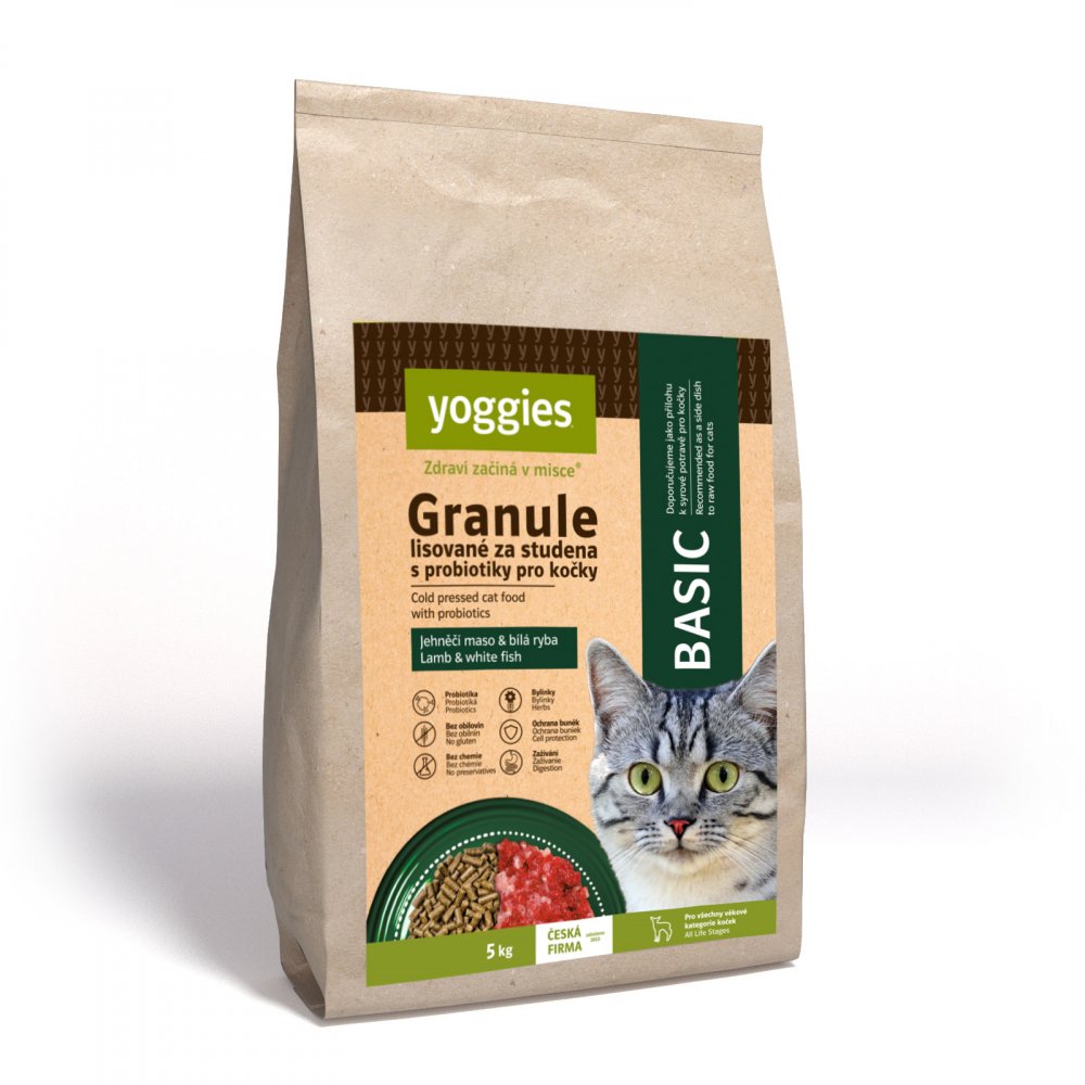 YOGGIES Cat "Basic" granule pro kočky, lisované za studena s probiotiky 5 kg