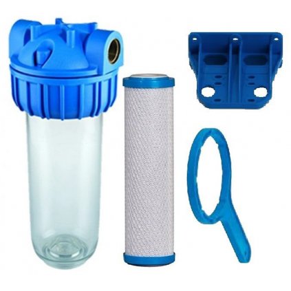 Průhledná nádoba filtru 10"x2,5" s filtrační vložkou s aktivním uhlím včetně držáku a klíče