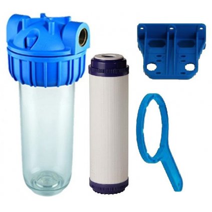 Průhledmná nádoba filtru 10"x2,5" s filtrační vložkou se sypaným aktivním uhlím včetně držáku a klíče
