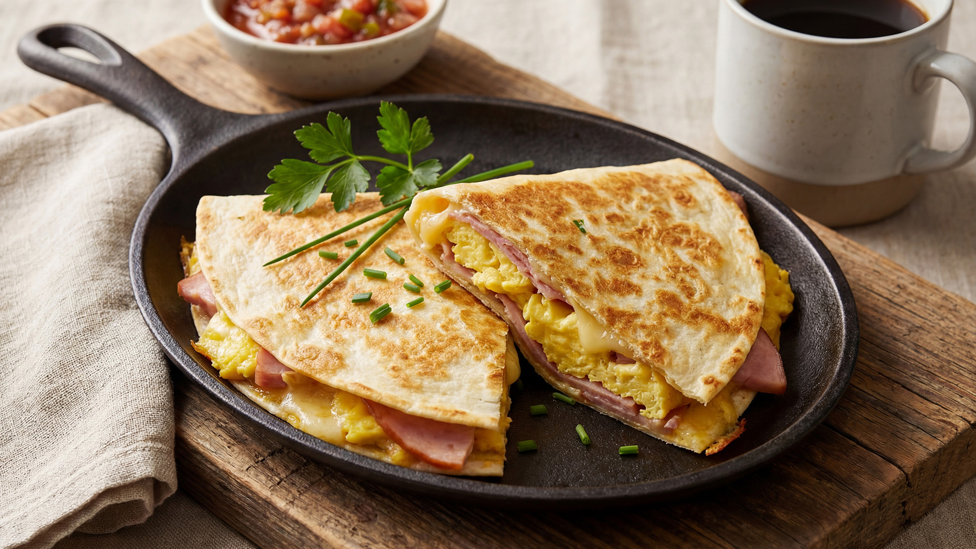 Tortila se šunkou, sýrem a vajíčkem