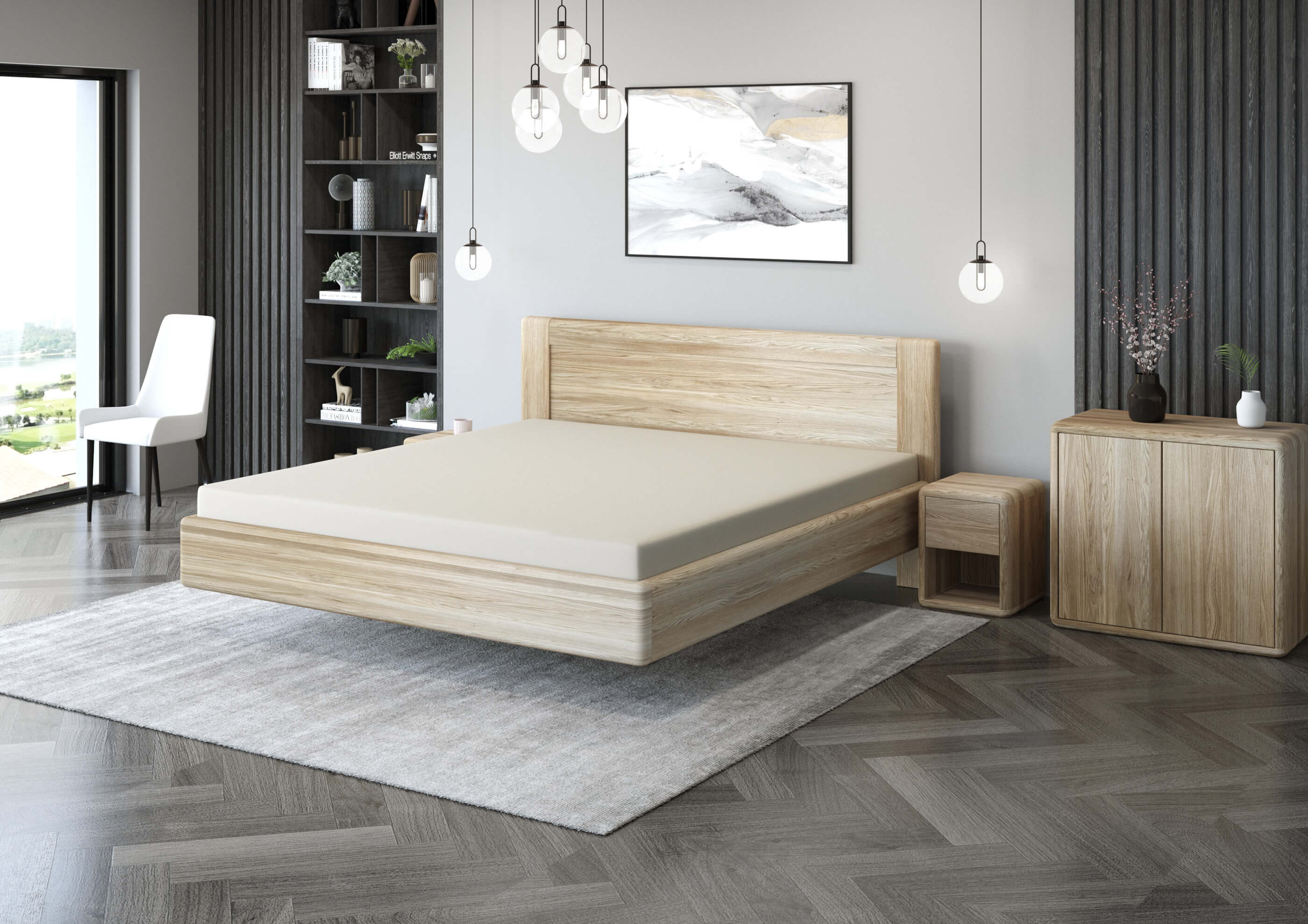 Levitující dubová postel LORO s plným čelem, USNU