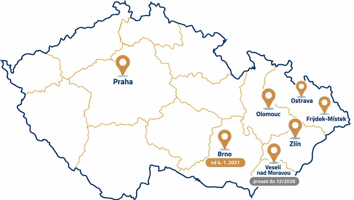 Mapa prodejen USNU – Brno od 4. 1. 2027 a Veselí nad Moravou do prosince 2026
