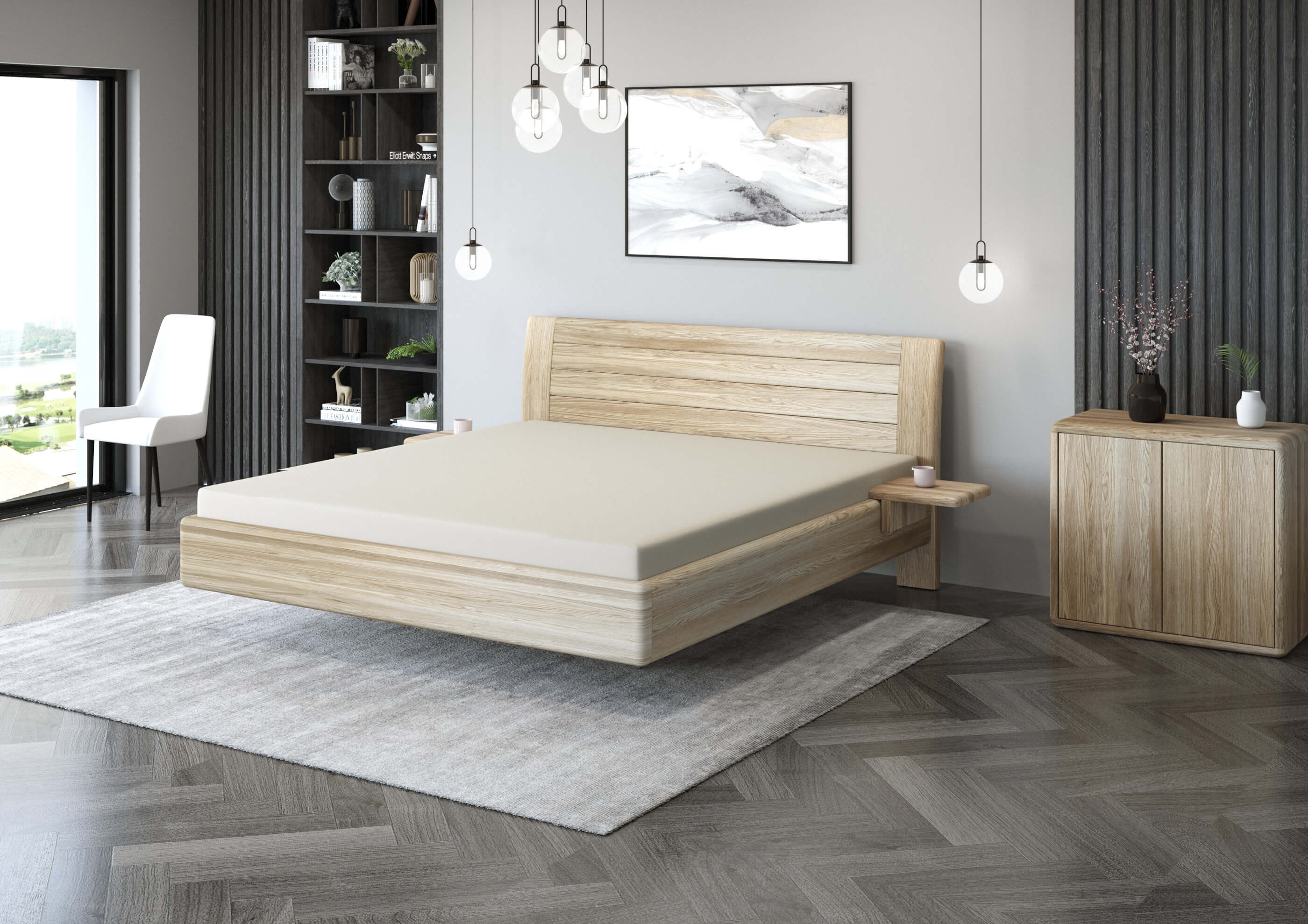 Masivní levitující postel LORO se zaobleným čelem, USNU