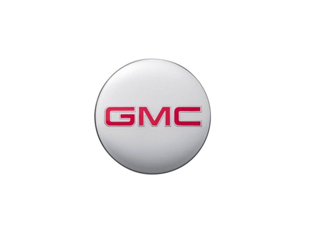Tapa central de rueda GMC Acadia de aluminio cepillado con logotipo GMC rojo
