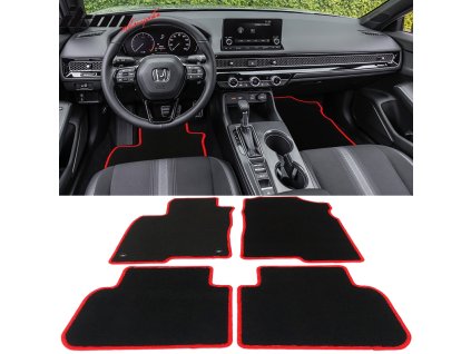 Honda Civic Acura Integra 2022-2025 Textile Floor Mats 4-Piece Set Nylon Black with Red Trim