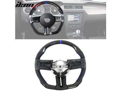 Ford Mustang 2010-2014 Volant černá s modrým prošíváním modrým ukazatelem směru a perforovanou kůží uhlíkové vlákno