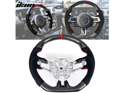 Ford Mustang 2018-2023 Volant červené prošívání a kroužky uhlíkové vlákno Alcantara