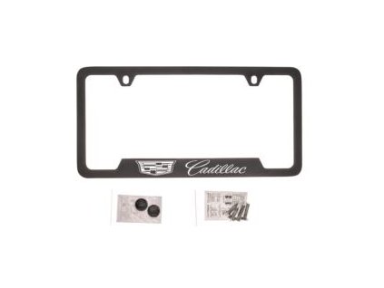 Black license plate frame with Cadillac logo