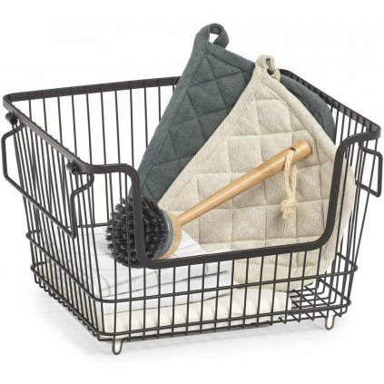 Stohovatelný kovový koš, organizér, s rukojeti, černý BASKET, 33x27x21,5
