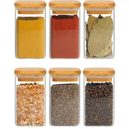 Sada 6ks kořenek, skleněné hranaté s bambusovým víčkem, CUBE 6 x 200ml