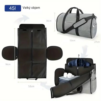 Cestovní taška a pouzdro na šaty a obleky 2v1 - šedá