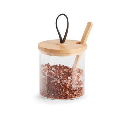 Skleněná dóza s bambusovým víčkem, koženým poutkem, lžičkou, 320ml cukřenka LATTE 1