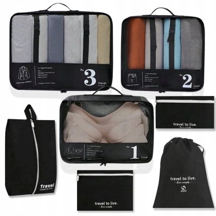 Sada 7 cestovních organizérů, sbalte si kufr přehledně, TRAVEL TO LIVE, černé