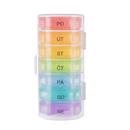 Organizér na léky týdenní 2 sekce + obal a české názvy - DUHA_1