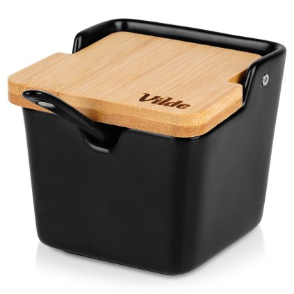 Černá keramická cukřenka s bambusovým víčkem a lžičkou, 250ml VILDE, hranatá 1