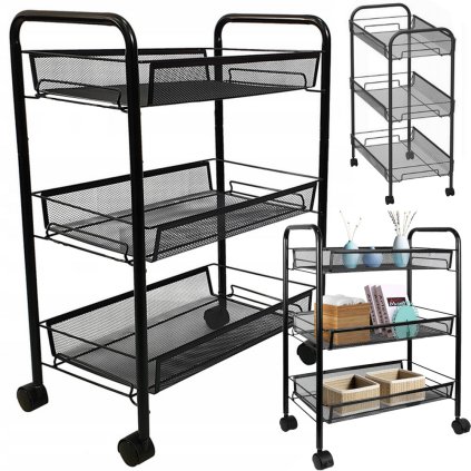 Mobilní kovový regál s kolečky, 3 police, černý kov SHELF
