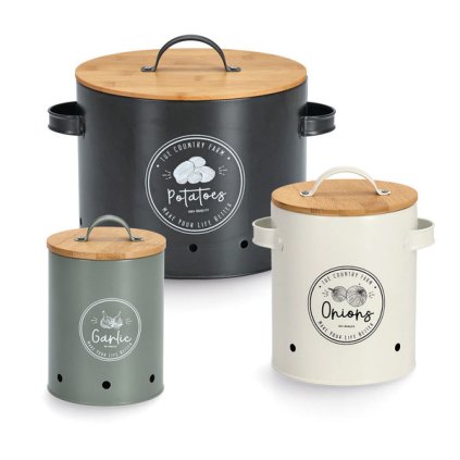 Sada 3 plechových dóz na cibuli, česnek a brambory s bambusovým víčkem