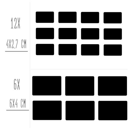 Sada štítků / nálepek, štítek černý Obdélník s kulatými rohy - 18ks