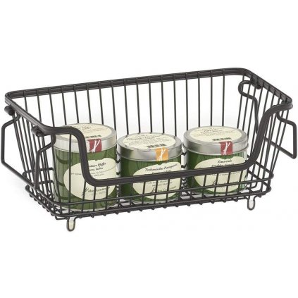 Stohovatelný kovový koš, organizér, s rukojeti, černý BASKET, 32x16,5x14,5