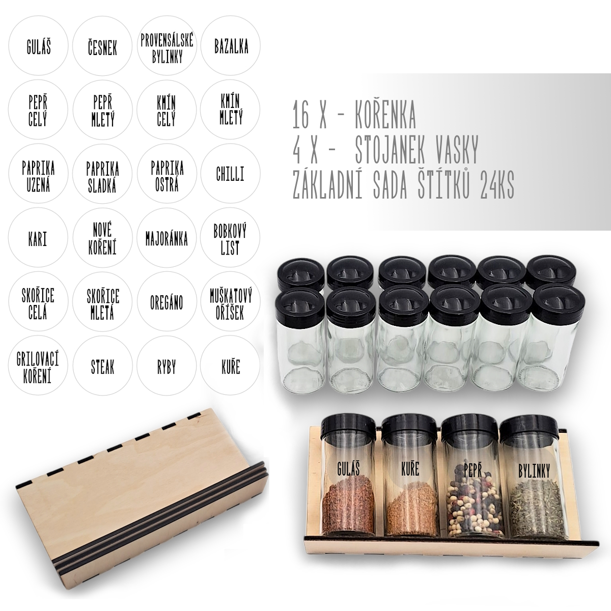 Levně Orion Sada 16ks kořenek BLACK 80ml + 4ks organizér na kořenky VASKY + sada 24ks štítků
