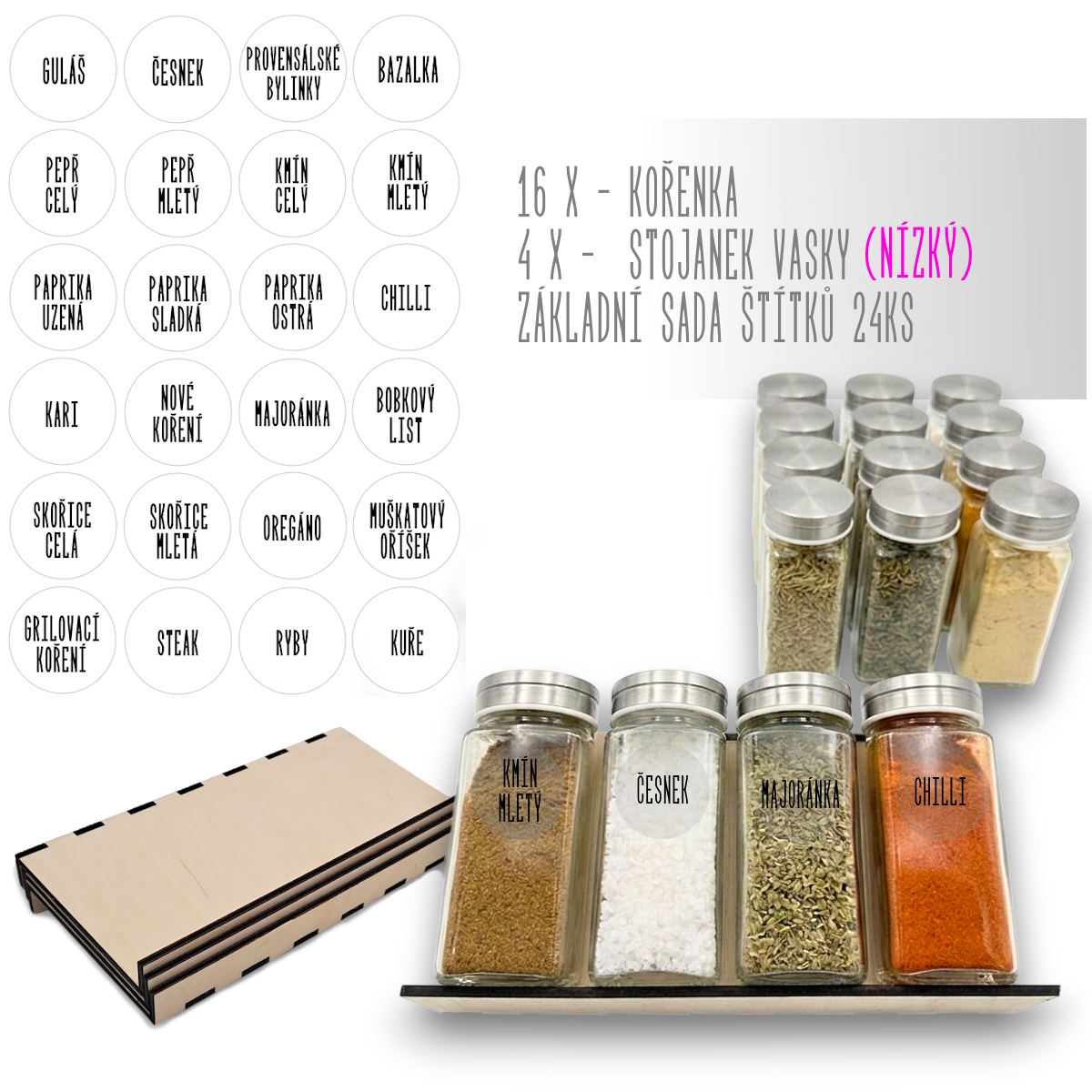 usporadejto.cz Sada 16ks kořenek DUST 120ml (3 druhy sypátka) + 4ks organizér na kořenky VASKY (nízký) + sada 24ks štítků