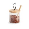 Skleněná dóza s bambusovým víčkem, koženým poutkem, lžičkou, 320ml cukřenka LATTE 1