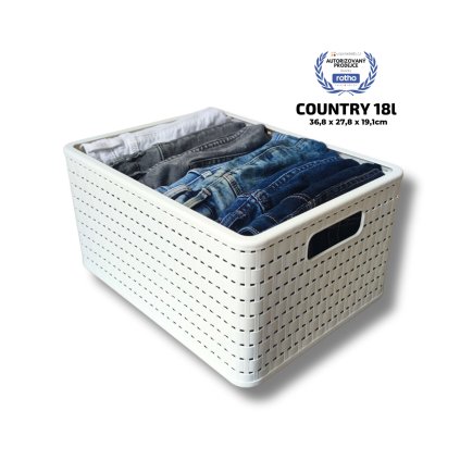Plastový košík COUNTRY, rovný, biely (18 l – 37 x 28 x 19)