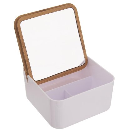 Kozmetický úložný box, biely s bambusovým vekom, so zrkadlom, šperkovnica WHITNEY