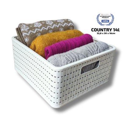 Plastový košík COUNTRY, rovný, biely (14 l – 30 x 33 x 16)