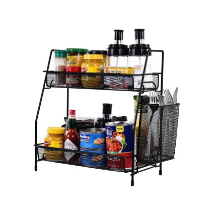 Dvojposchodová polica, kovová s prídavným košíkom LOFT čierna, 36 x 17 x 32 cm