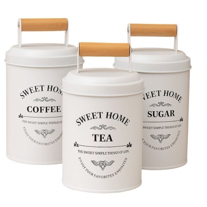 Súprava 3ks plechových dóz SWEET HOME na čaj, kávu a cukor, viečko s dreveným držadlom