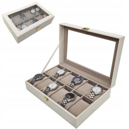 Organizér na hodinky, box, puzdro na 12ks hodiniek, biela ekokoža