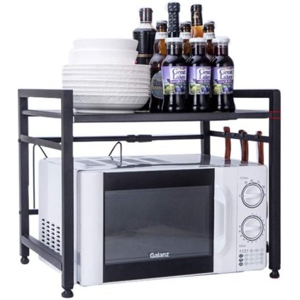 Stojan na mikrovlnku, polička s nastaviteľnou šírkou 37-65cm, čierny kov