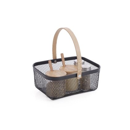 Kovový košík s bambusovou rukoväťou, mix farieb 23,5 x 17,5 x 10 cm