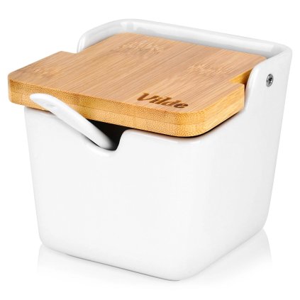 Hranatá keramická cukornička / soľnička s bambusovým viečkom a lyžičkou, 250ml VILDE, biela_1