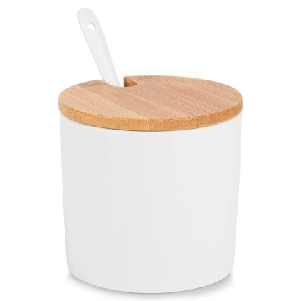 Okrúhla keramická dóza na cukor s bambusovým vekom a lyžičkou, 250ML biela_1