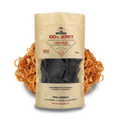 100% JERKY HOVĚZÍ S PRAŽENOU CIBULKOU 50 g AKCE
