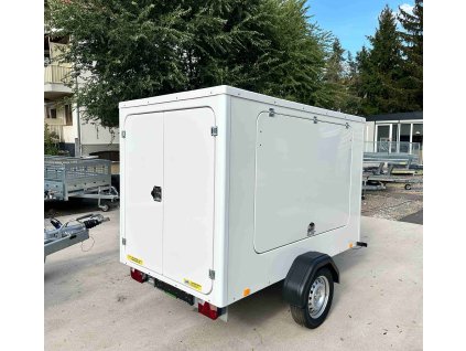 ALFA Modulo 12213MPK.75.2 egytengelyes, 2,18 x 1,32m méretű, 750kg, fék nélküli zárt utánfutó, 2 hátsó ajtóval, 1 oldal ajtóval, 1 fix oldalfal